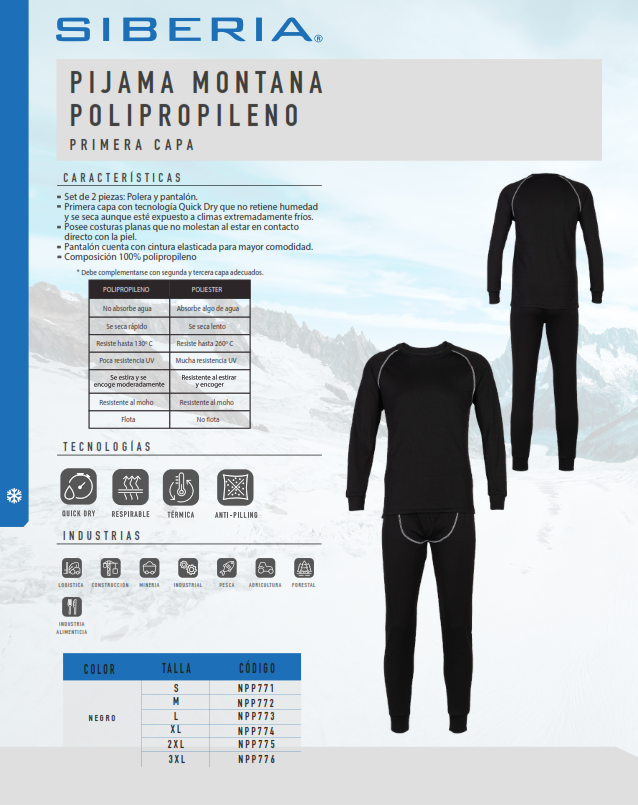 PIJAMA MONTANA POLIPROPILENO PRIMERA CAPA